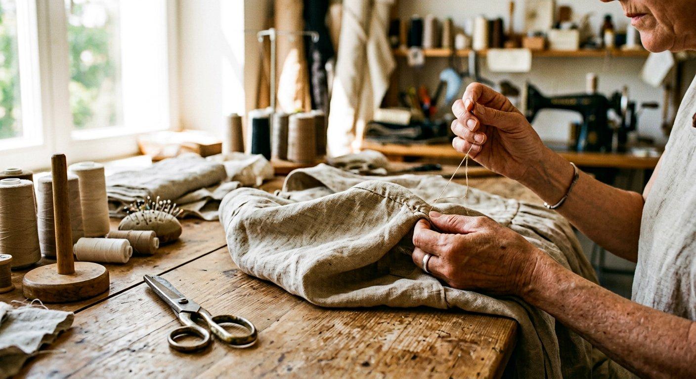 A maker's hands sewing a linen garment in the atelier