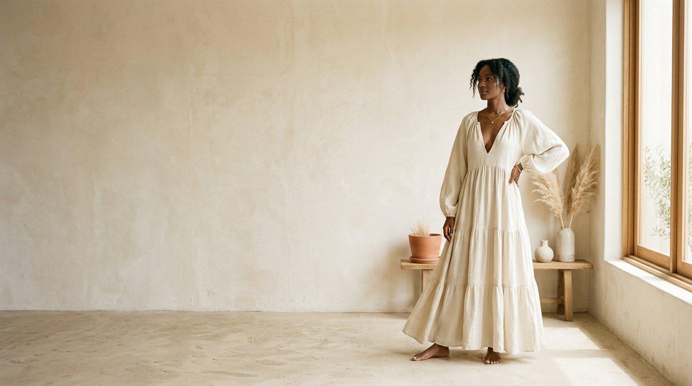 A model wearing a cream linen dress in warm studio light